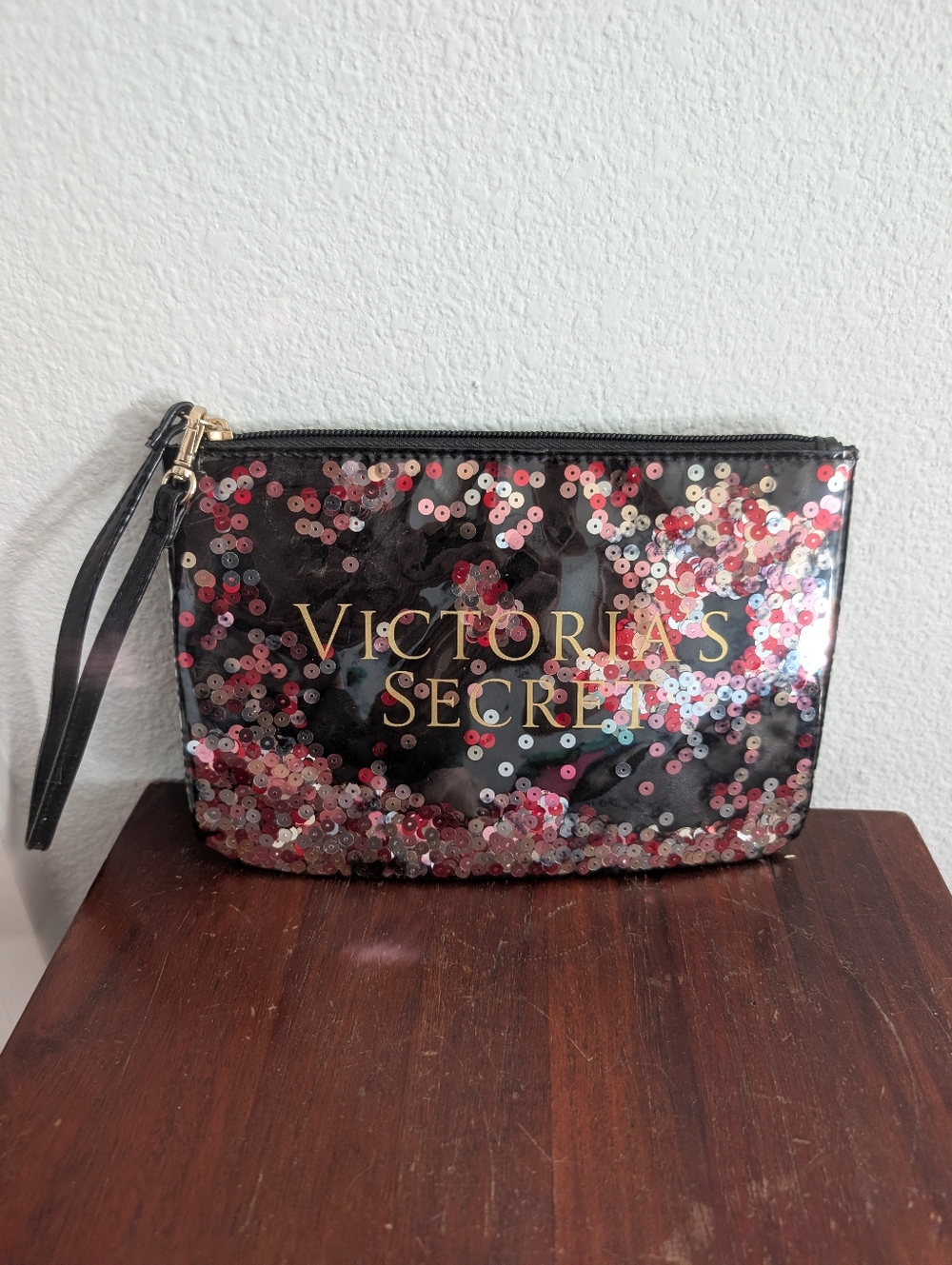 Victoria's Secret Black Confetti Sequin Wristlet/Clutch Bag